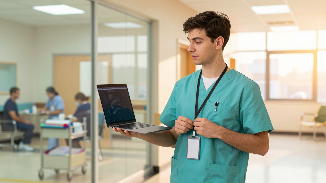 Jovem médico em uniforme verde segurando portátil num corredor de hospital, com sala de reuniões ao fundo.