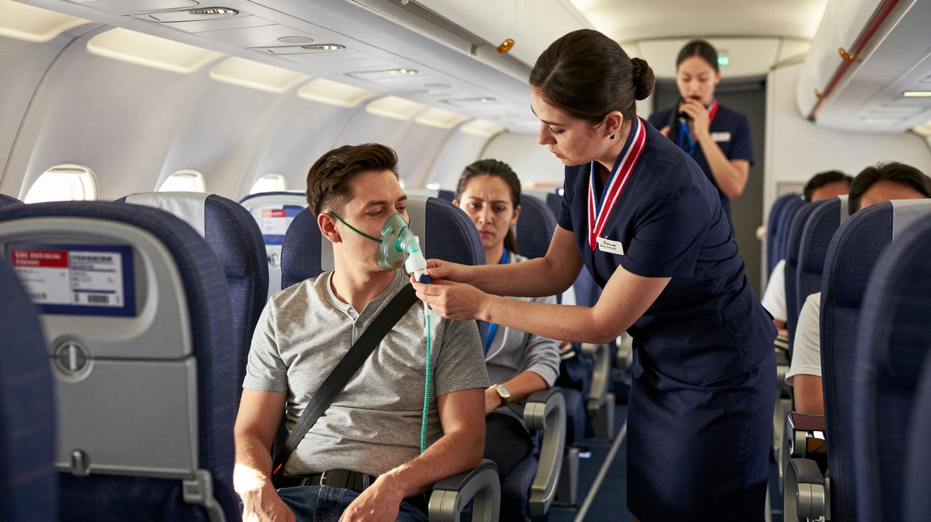Assistente de bordo ajuda passageiro com máscara de oxigénio num avião.