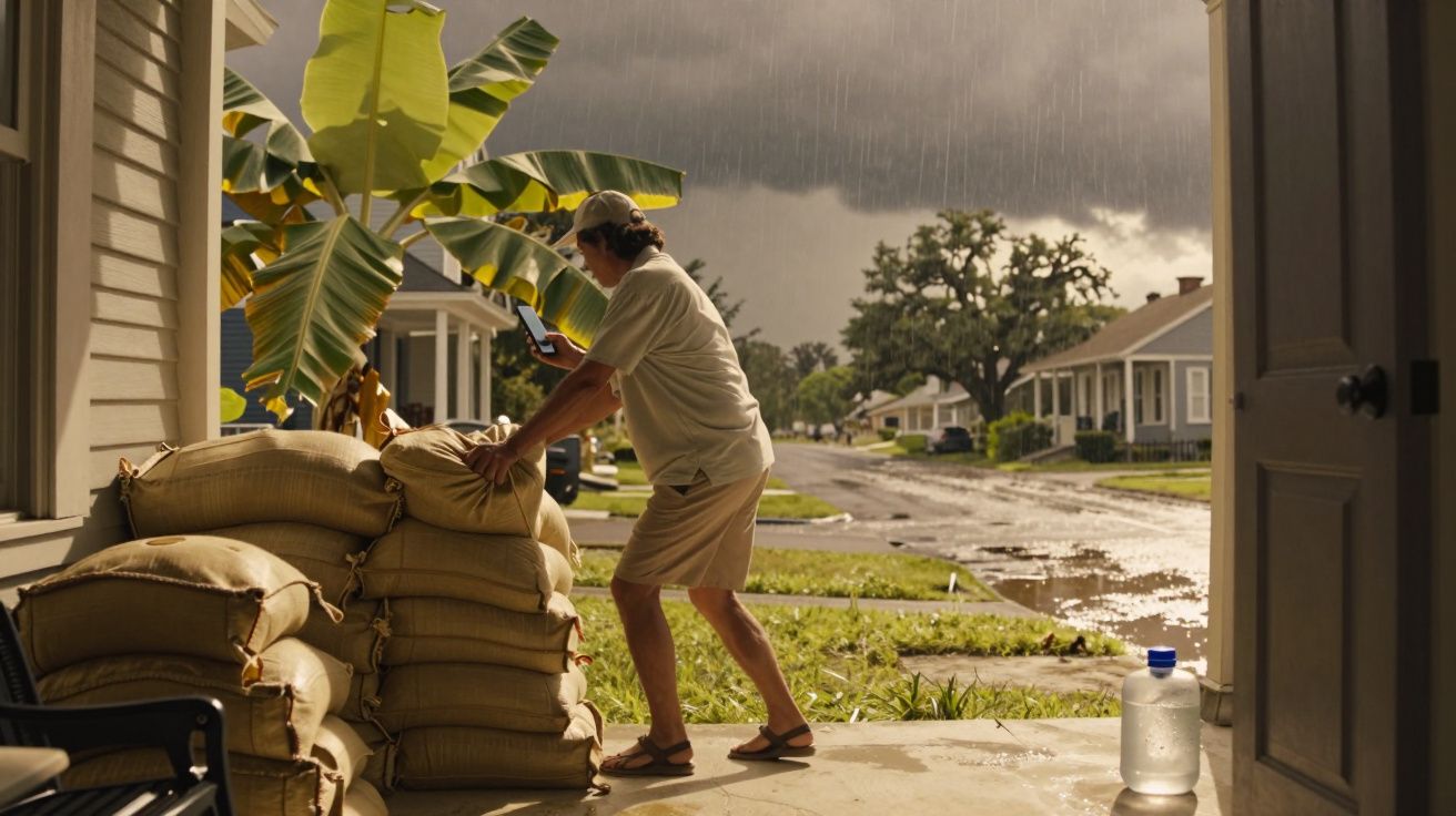 Homem empilha sacos de areia na entrada de casa durante chuva intensa. Céu nublado e uma rua molhada ao fundo.
