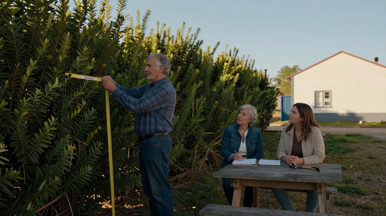 Homem mede altura de arbustos com fita métrica, enquanto duas mulheres o observam numa mesa de piquenique.