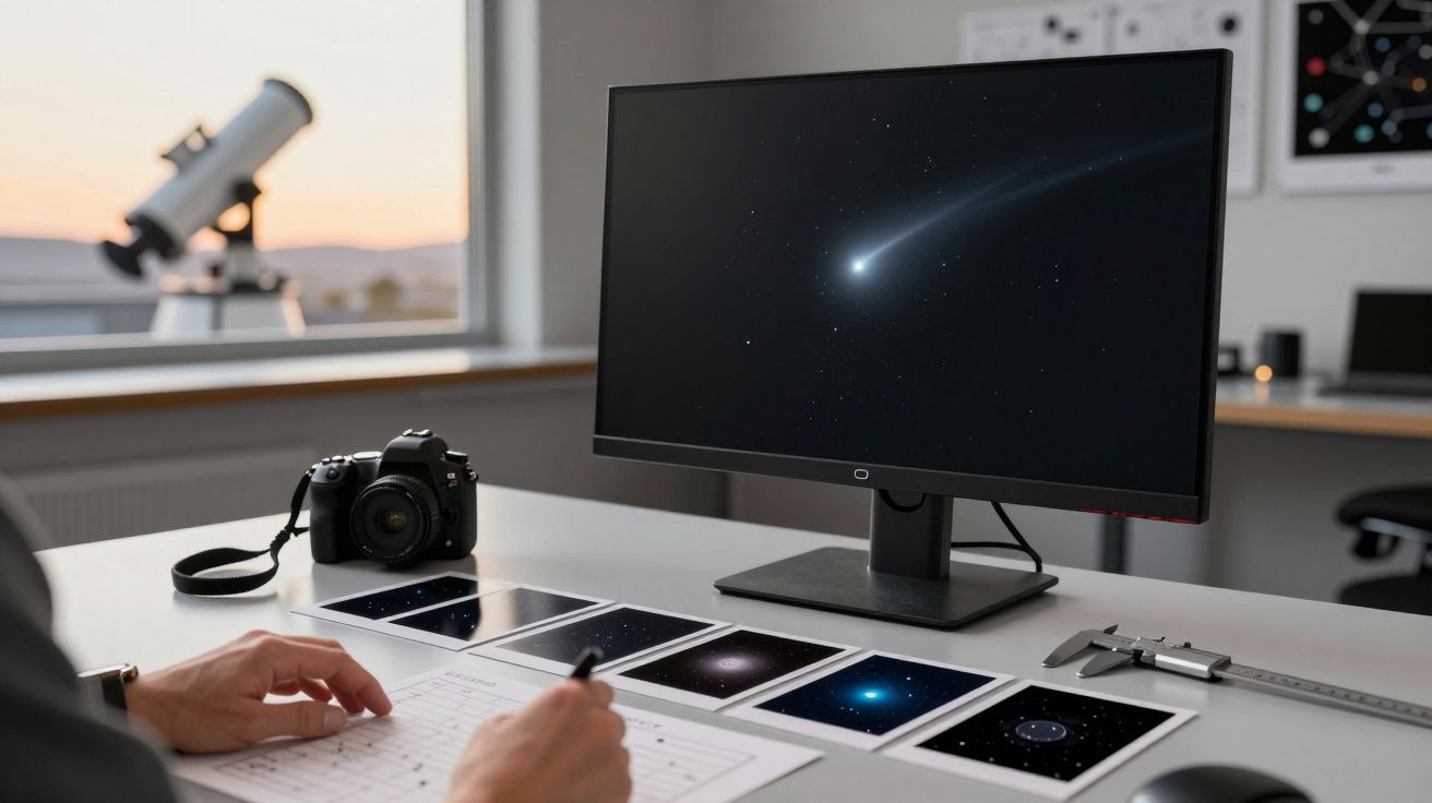 Computador com imagem de cometa, câmera, telescópio e fotos de corpos celestes numa mesa de trabalho.