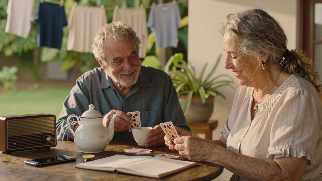 Casal sénior a jogar cartas numa varanda ensolarada, com chá e rádio sobre a mesa. Roupa a secar ao fundo.