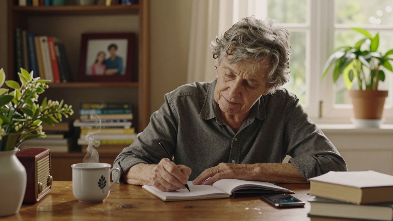 Senhor idoso a escrever num caderno numa mesa com uma caneca e livros, junto a uma janela com plantas.