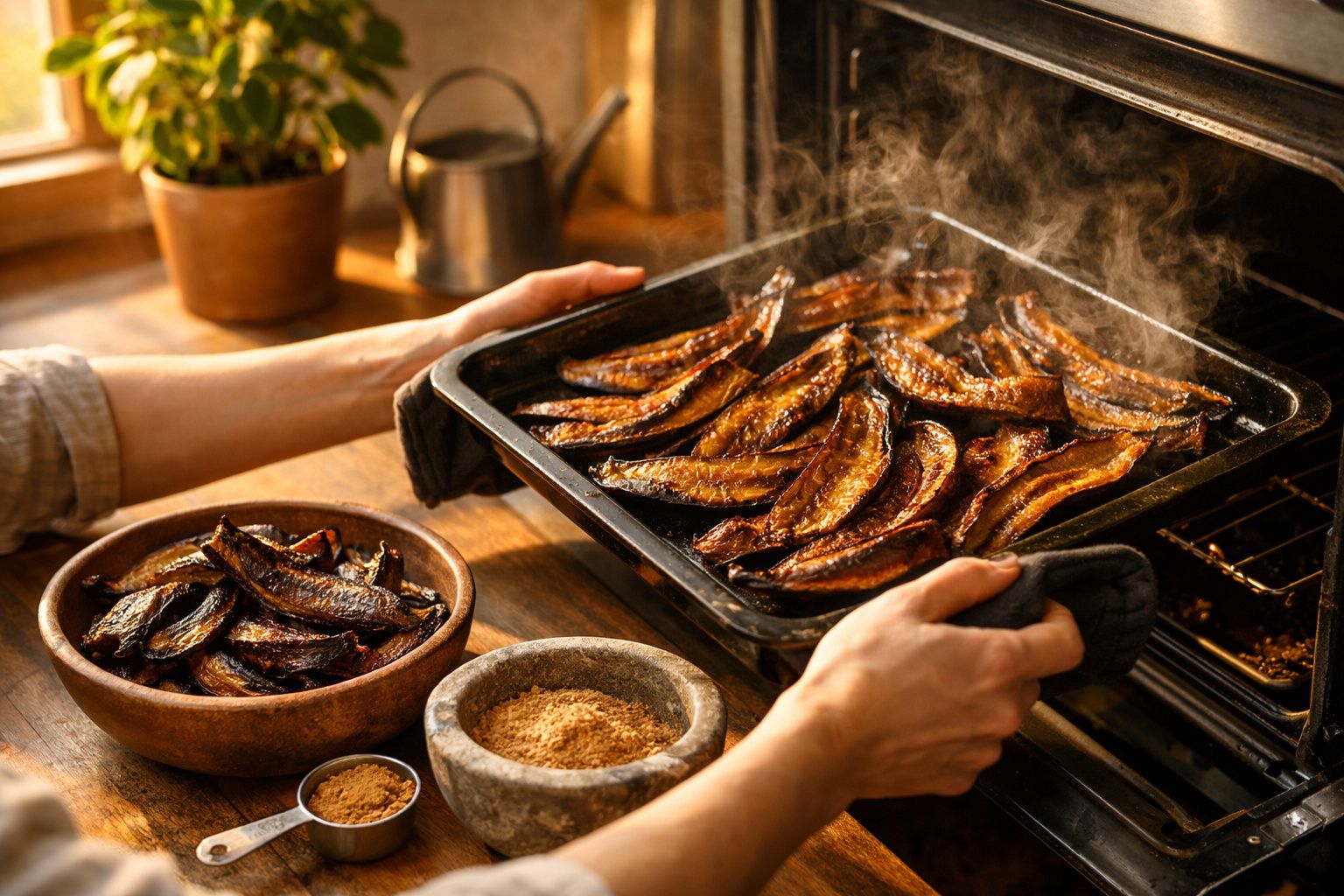 Pessoa a retirar uma bandeja com cascas de banana assadas de um forno numa cozinha iluminada, com banana e compota ao lado.