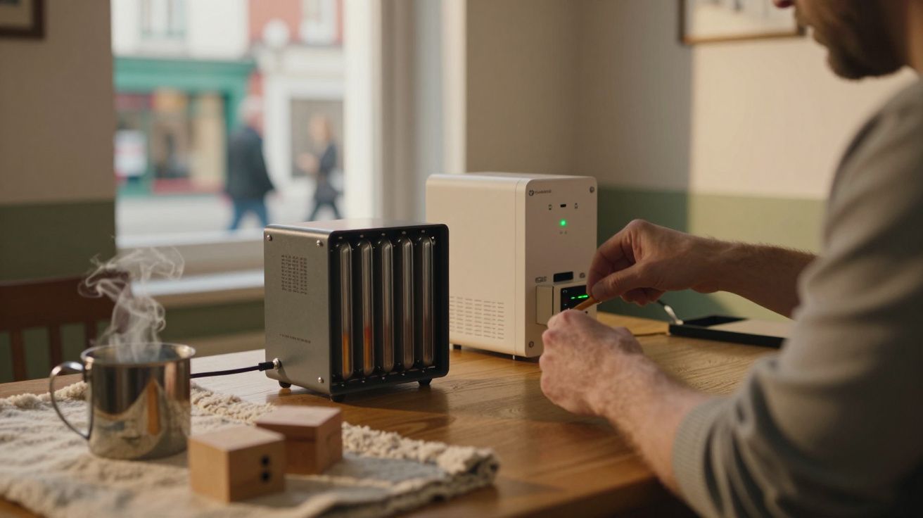 Homem a configurar dispositivo tecnológico numa mesa com chávena a fumegar e eletrônicos ao fundo.