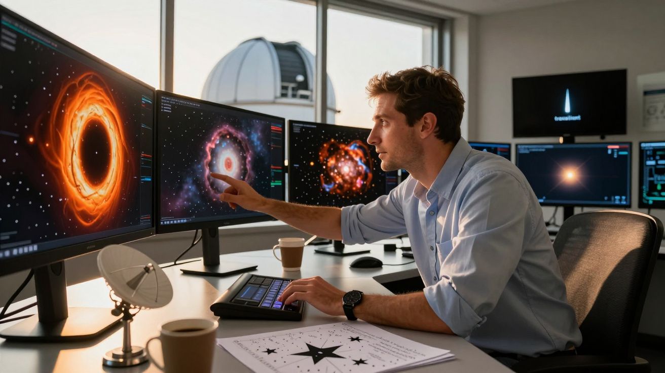 Homem numa sala de controlo, analisa em monitores imagens de buracos negros e galáxias. Telescópio ao fundo.