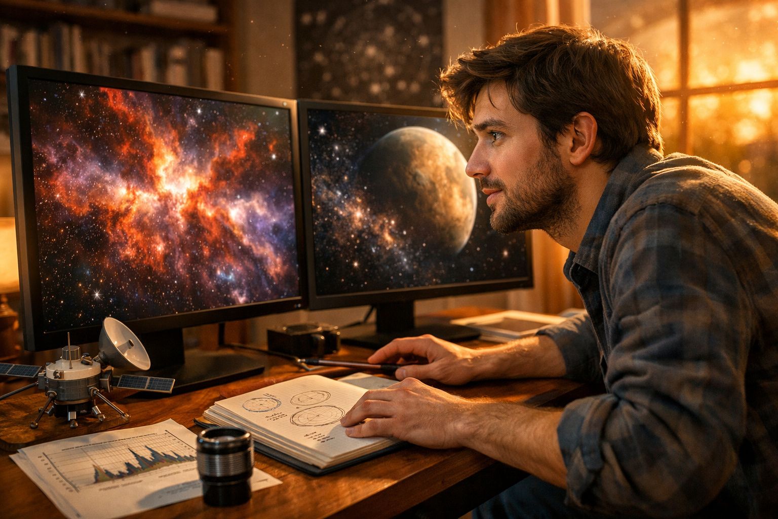 Cientista analisa imagens de galáxias e planetas com lupa em mesa, próximo a portátil com foto de espaço.