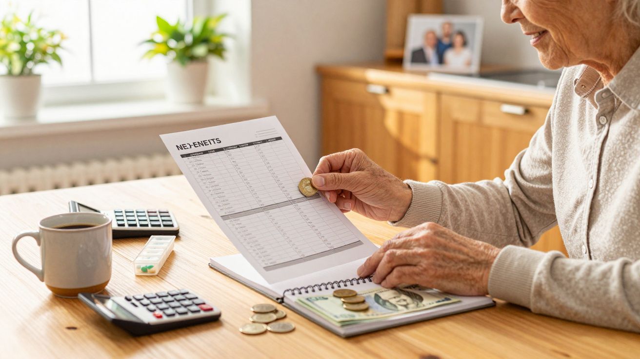 Pessoa idosa a gerir finanças numa mesa com moeda, nota, calculadora e chávena de café.
