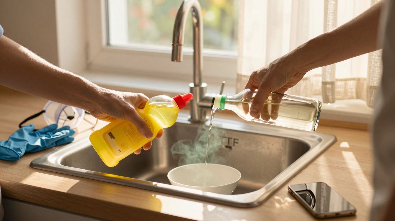 Duas pessoas vertem líquidos em pia de cozinha, garrafa e detergente amarelo. Luvas azuis ao lado.