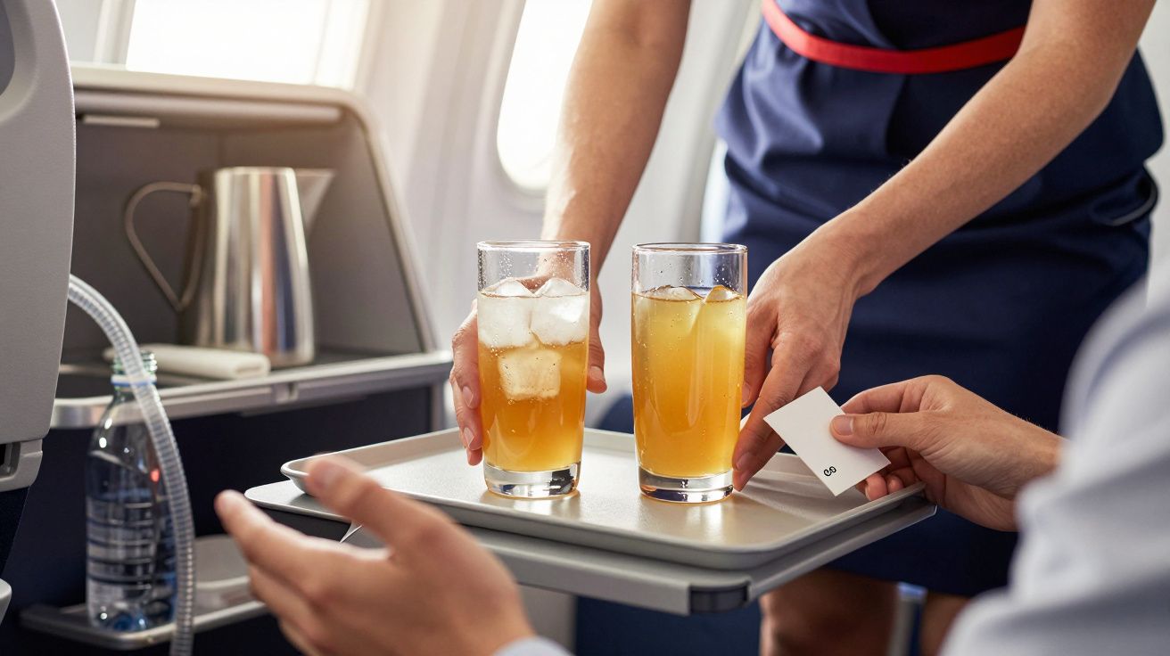 Comissária serve duas bebidas com gelo numa bandeja a bordo de um avião.