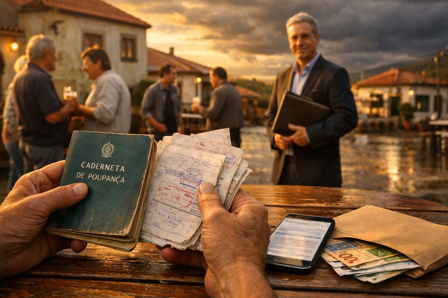 Cinco pessoas sentadas à mesa, analisando papéis com expressão séria, em ambiente interno.
