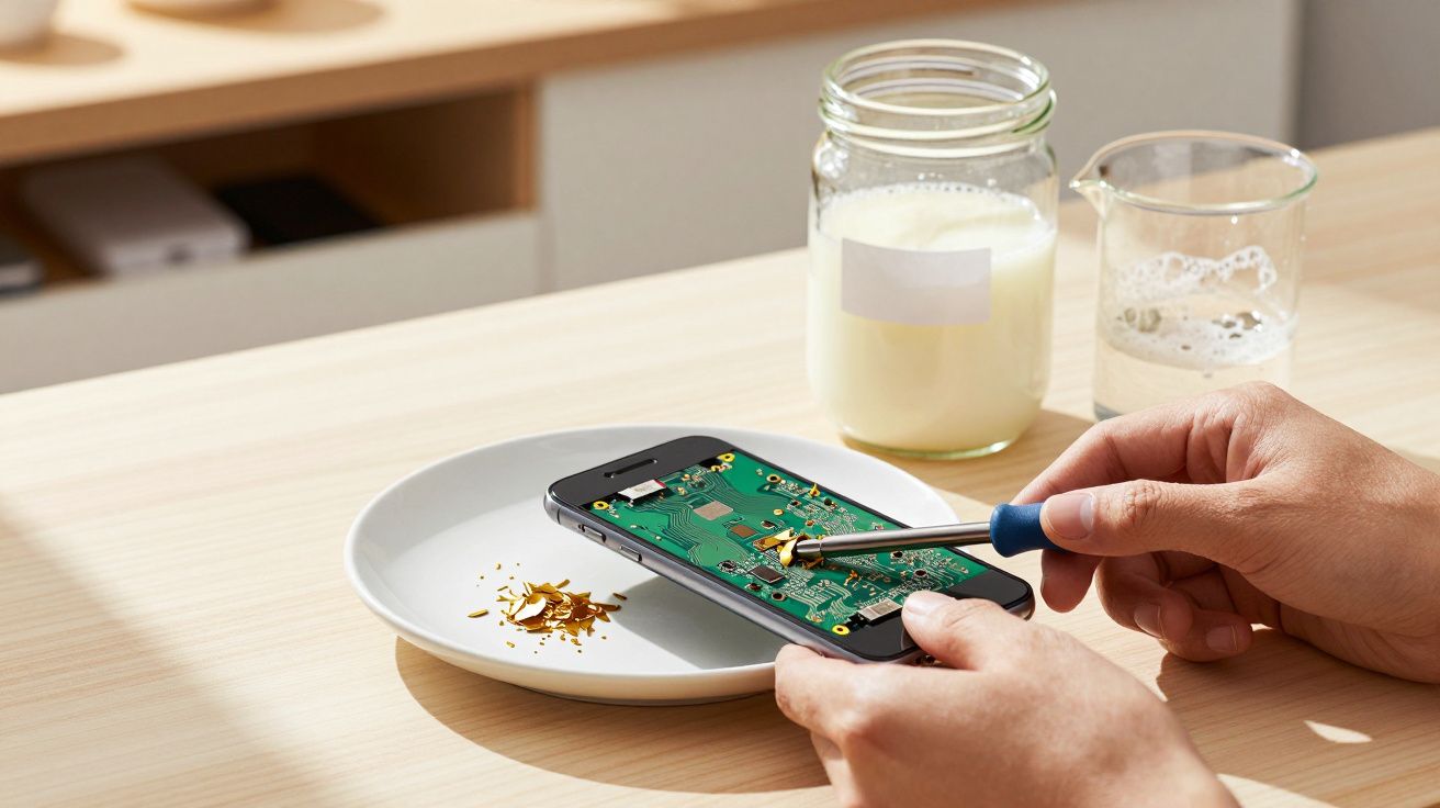 Pessoa conserta smartphone com chave de fenda sobre prato. Ao fundo, jarros com líquido em mesa de madeira.