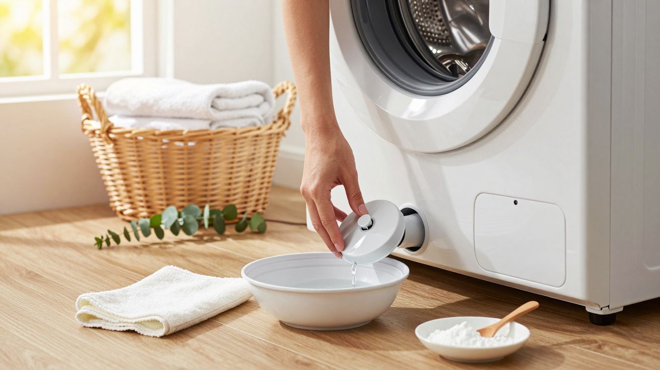 Pessoa despejando líquido de máquina de lavar para uma tigela, toalhas e cesto de roupa em fundo.