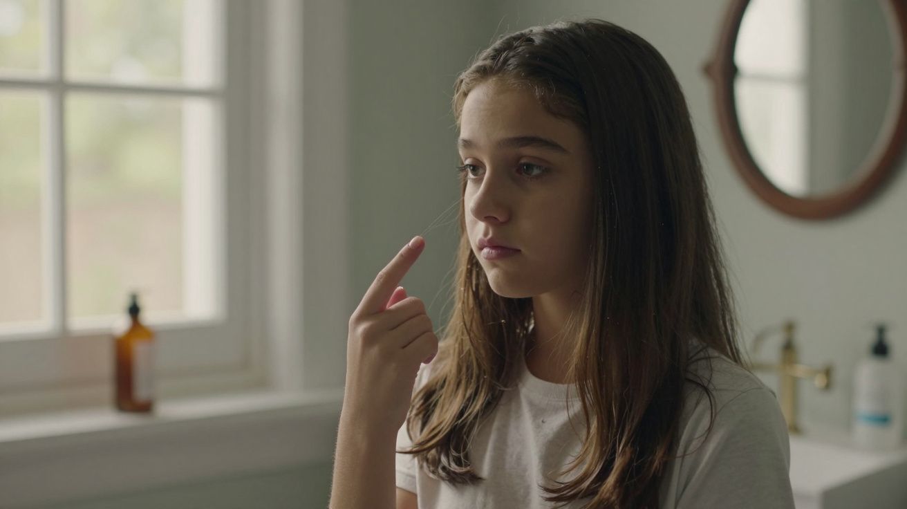 Menina de cabelo castanho, em frente a espelho no banheiro, aponta para o olho.