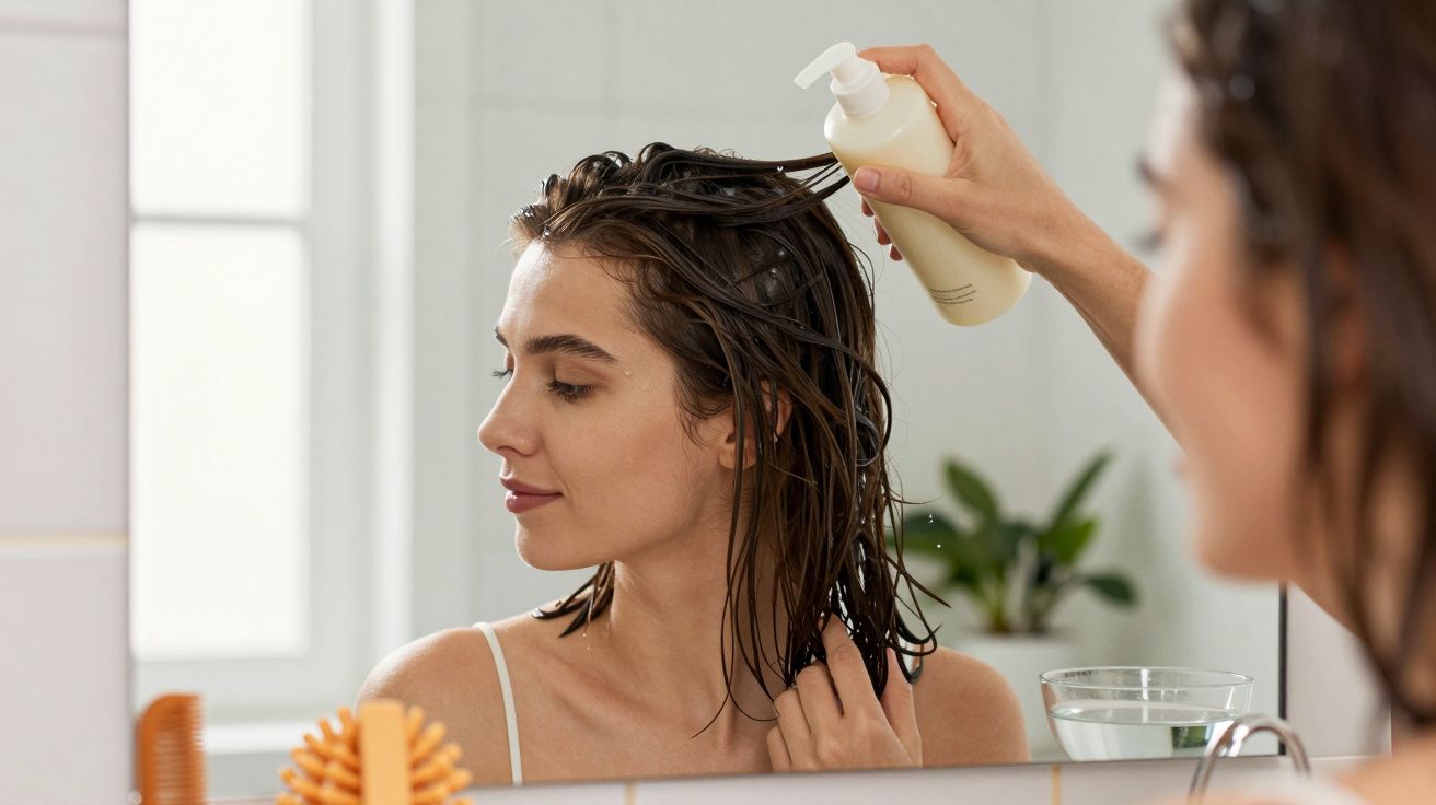 Mulher aplica produto no cabelo molhado frente a espelho na casa de banho.
