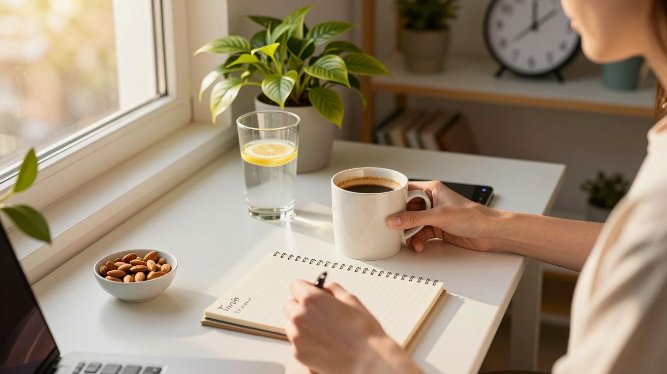 Pessoa com chávena de café e bloco de notas numa mesa, ao lado de janela e plantas.