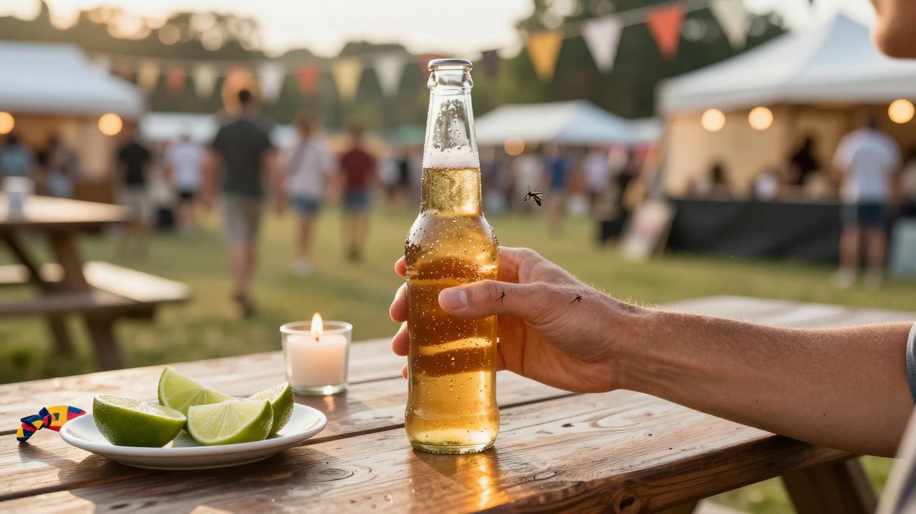 Pessoa segurando uma cerveja num piquenique ao ar livre, com uma vela e limões numa mesa de madeira.