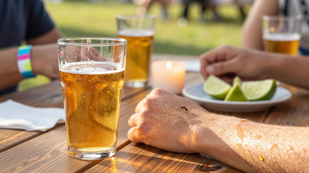 Copos de cerveja numa mesa de madeira ao ar livre; uma pessoa com um mosquito na mão.