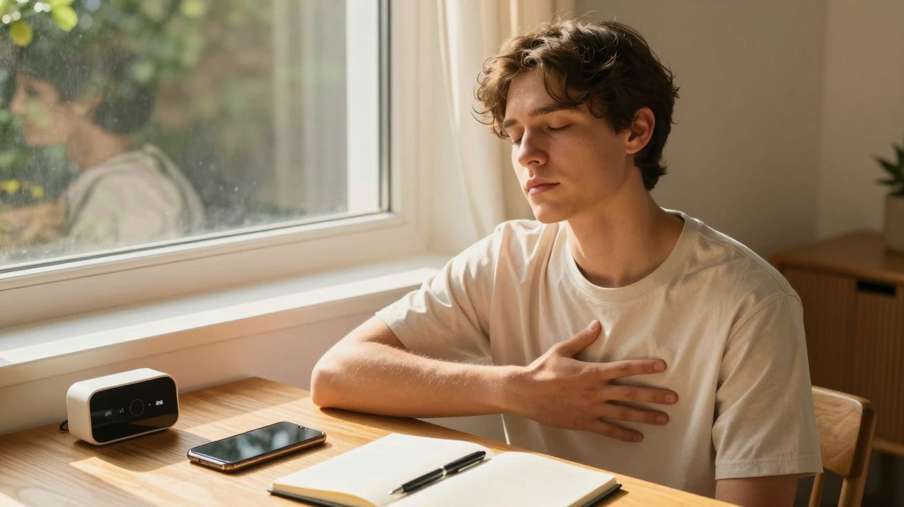 Homem com a mão no peito, sentado numa mesa com caderno, telemóvel e coluna, perto de uma janela.