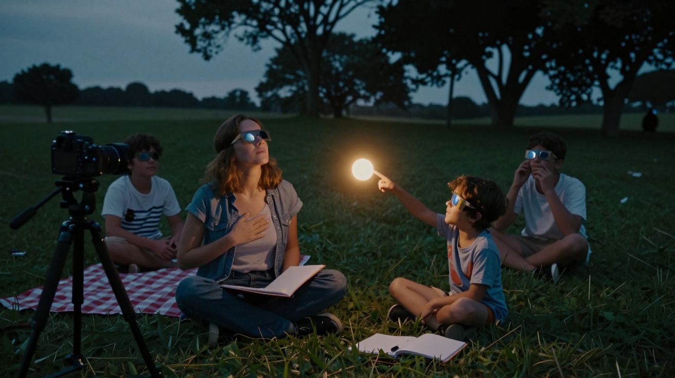 Grupo sentado na relva ao entardecer, usando óculos escuros e observando uma luz que uma criança segura.