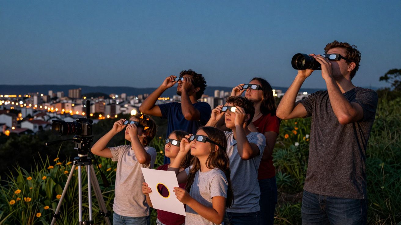 Grupo de pessoas usa óculos especiais para observar um eclipse solar ao entardecer, com cidade ao fundo.