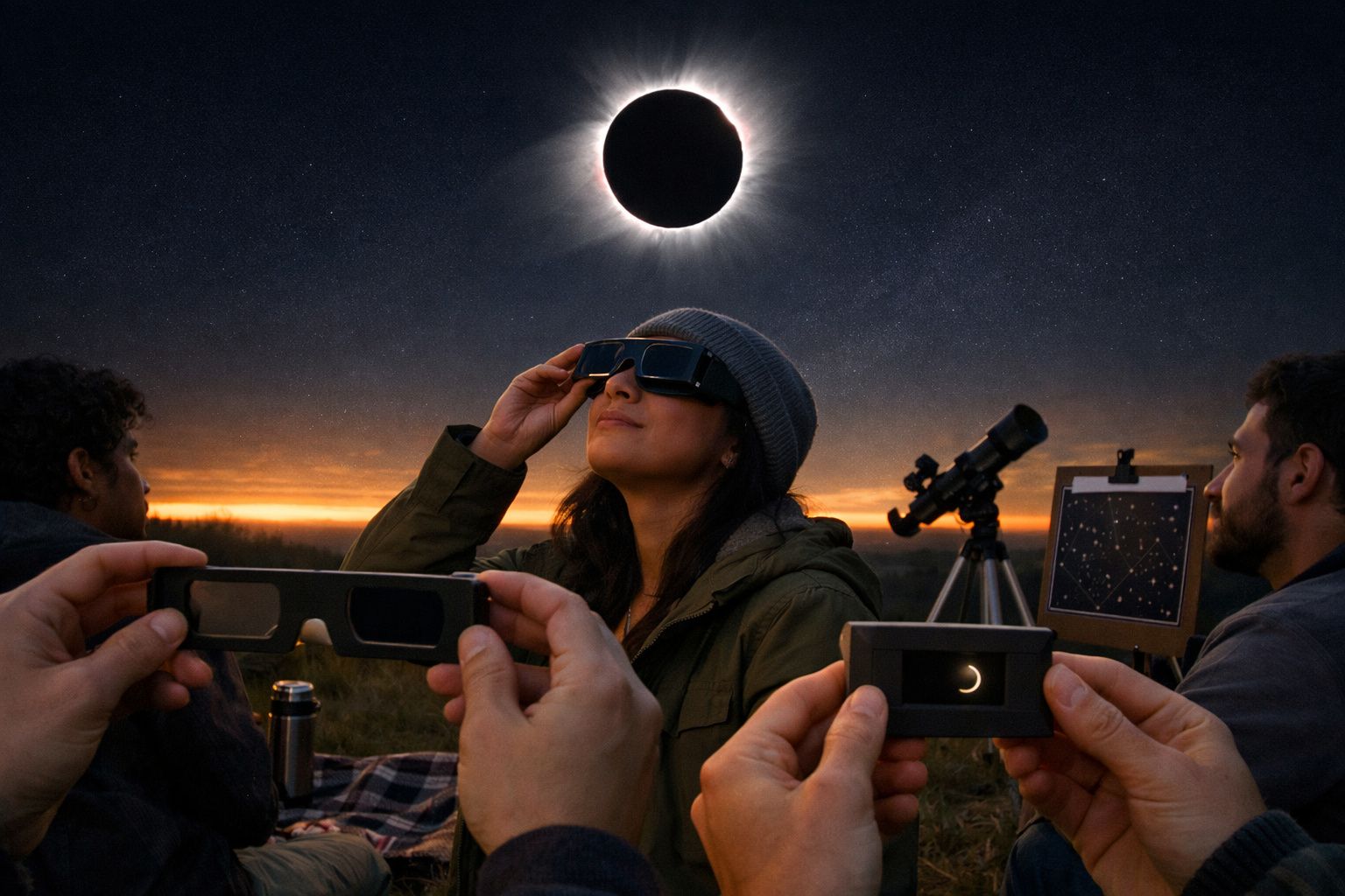 Grupo de jovens observa o céu ao pôr do sol com óculos especiais e câmaras em campo verde.