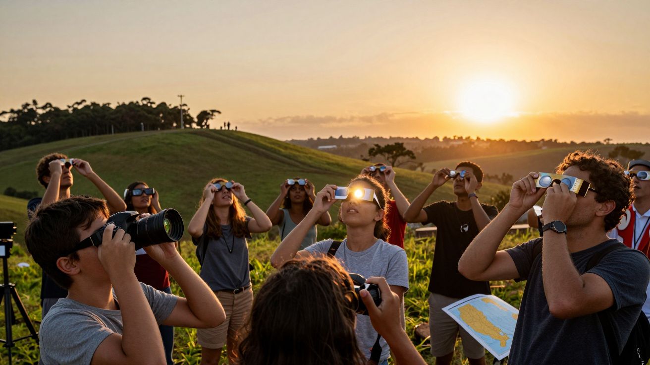 Grupo de pessoas num campo observa o eclipse com óculos especiais ao pôr do sol.