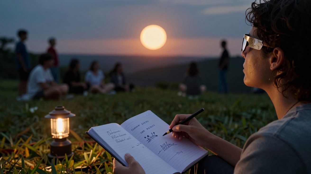 Pessoa escrevendo num caderno ao pôr do sol; grupo de jovens ao fundo num campo. Lâmpada acesa à esquerda.