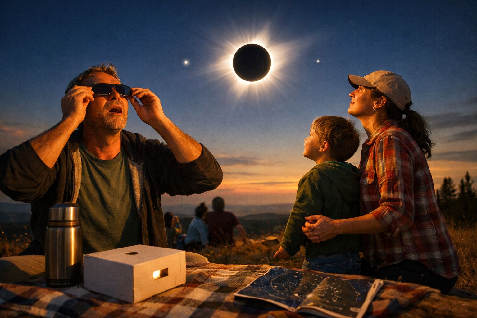 Mulher com óculos e bloco de notas observa o pôr do sol, rodeada por uma câmara e outras pessoas ao fundo.