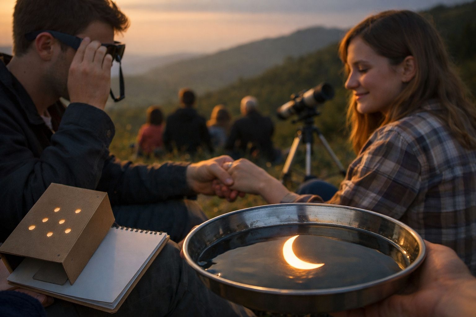 Grupo de pessoas num campo a observar o pôr do sol com telescópios e câmaras fotográficas.