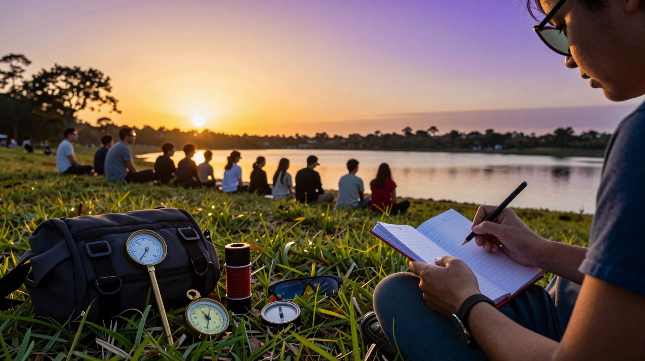Pessoa sentada num relvado à beira do lago, a escrever num caderno ao pôr do sol; pessoas sentadas ao fundo.