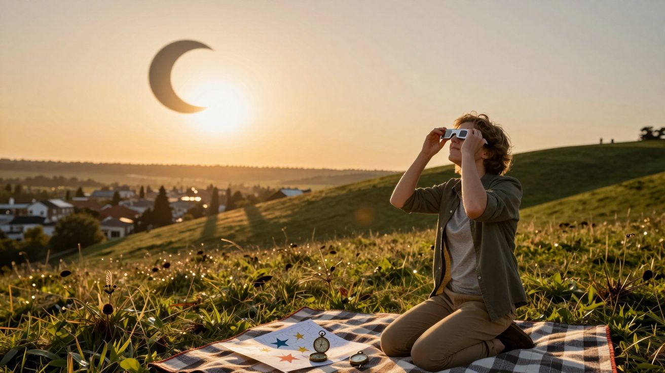 Pessoa sentada num campo observa um eclipse solar com óculos de proteção, sobre uma manta com binóculos e mapa.