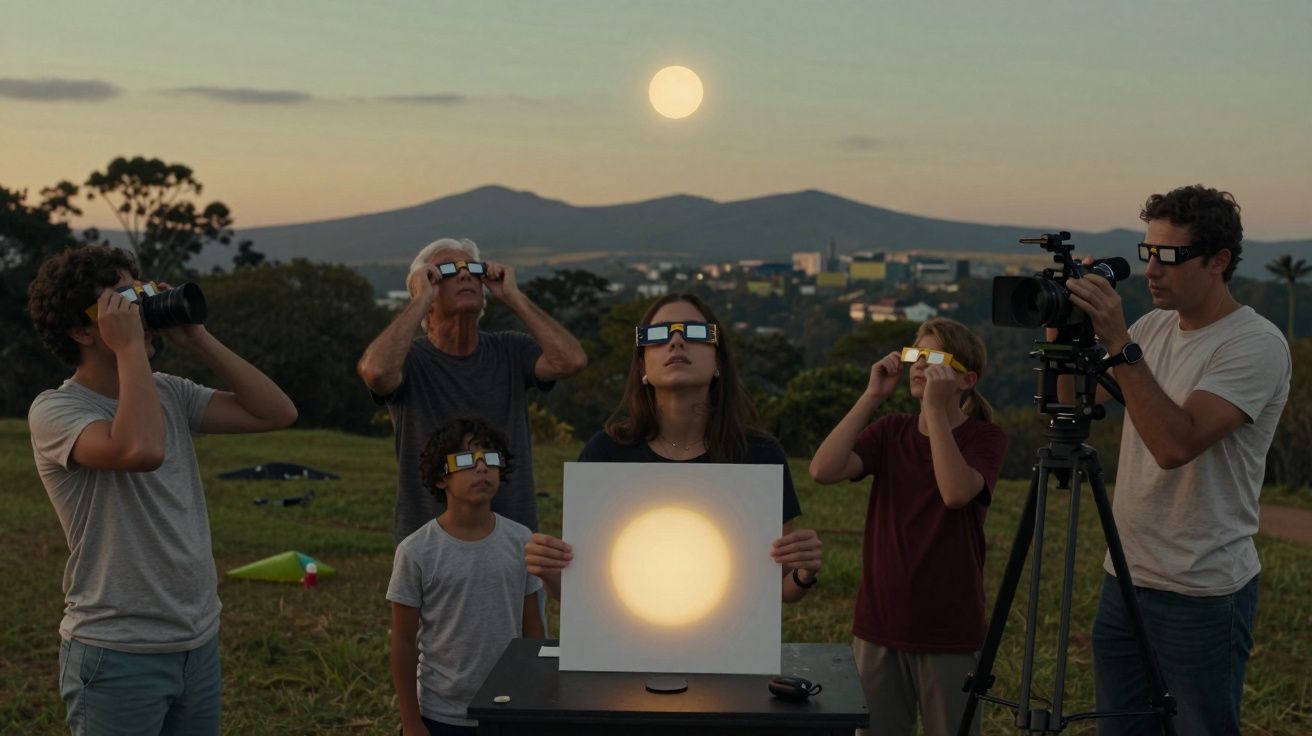 Pessoas observam eclipse solar com óculos protetores ao entardecer, usando equipamentos e câmeras ao ar livre.