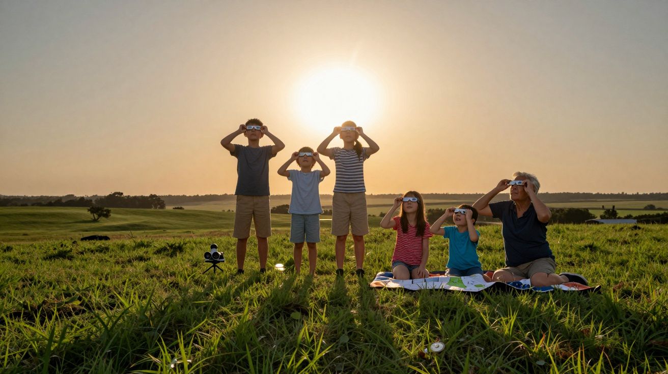 Grupo a observar o sol com óculos de proteção numa campo verde ao pôr do sol.