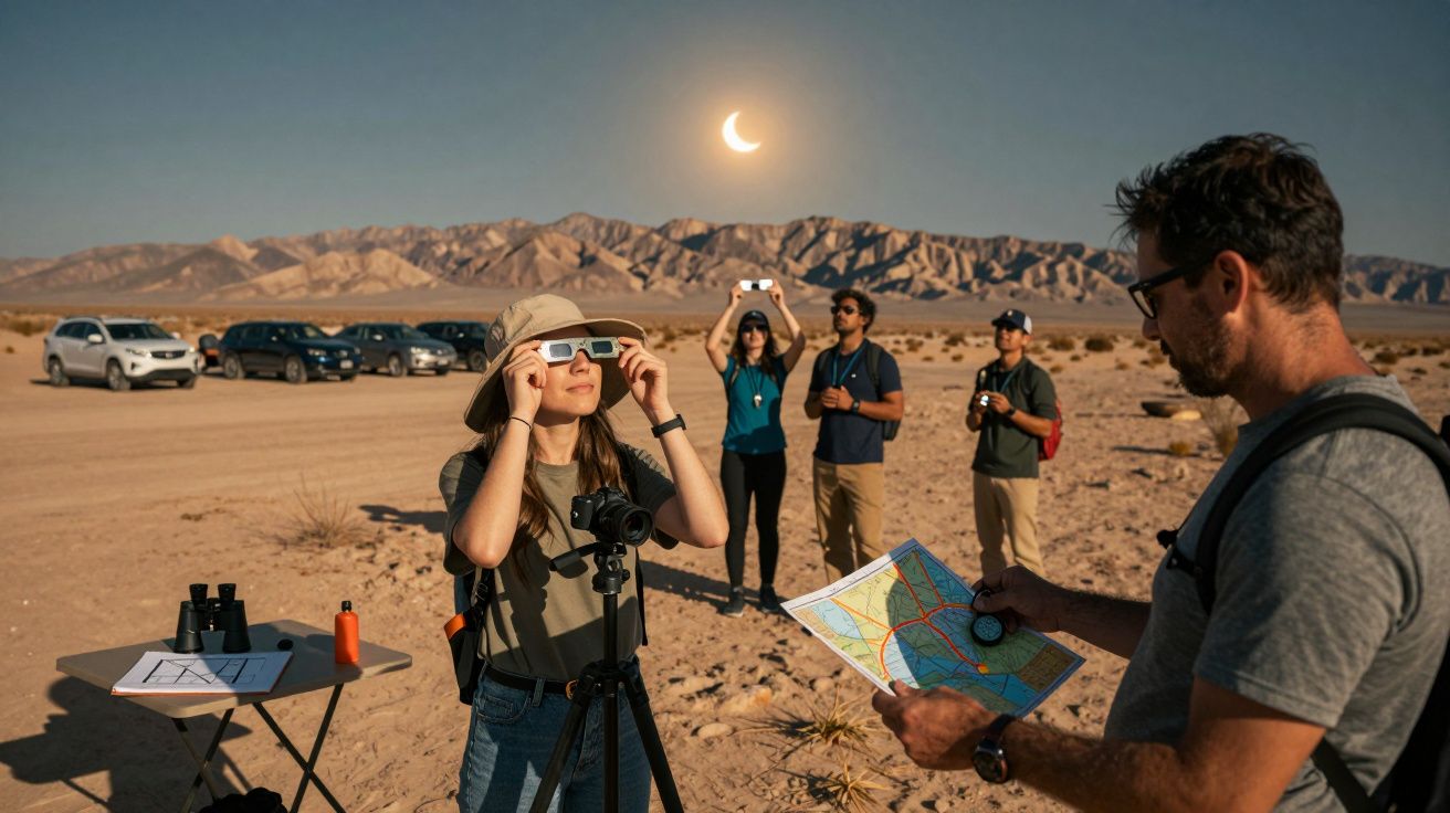 Grupo observa eclipse solar no deserto, usando óculos especiais e mapas, com montanhas ao fundo.