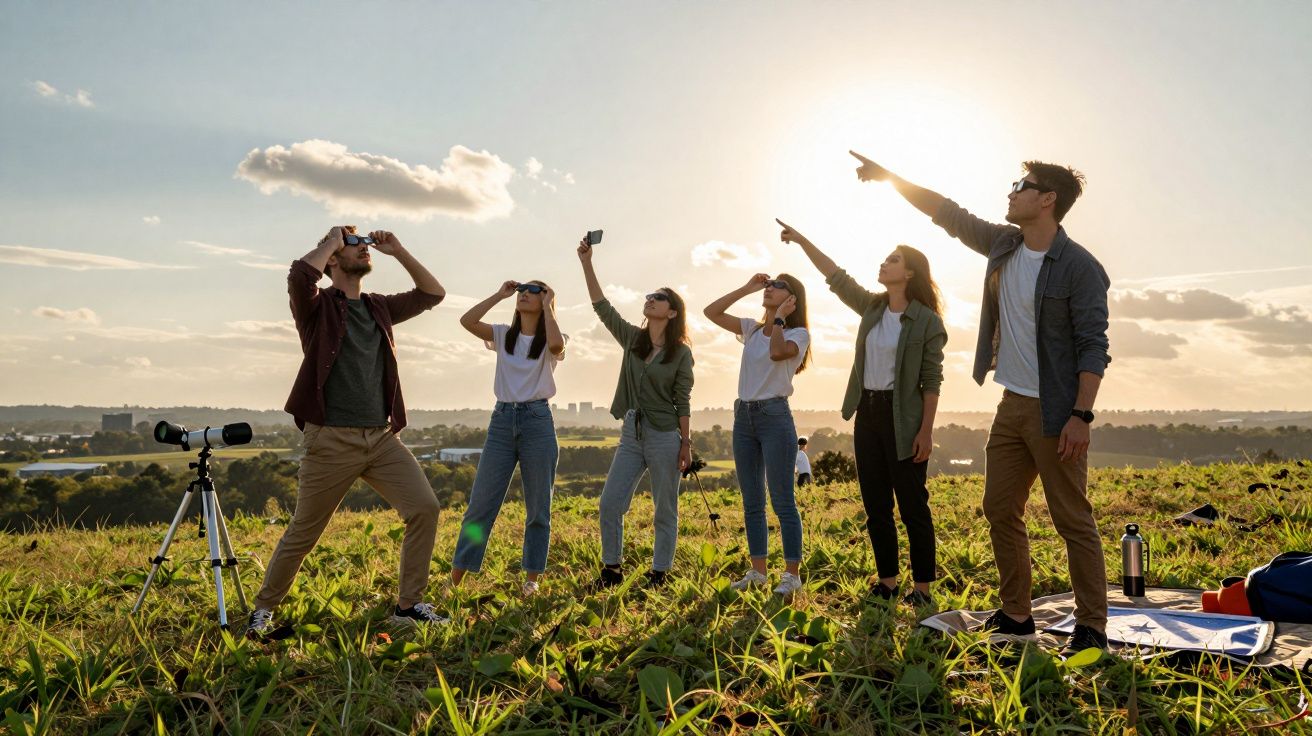 Seis pessoas observam o céu num campo ao pôr do sol, com binóculos e câmera.