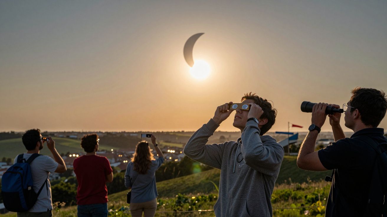 Pessoas observam eclipse solar ao pôr do sol com óculos especiais e binóculos, em campo aberto.