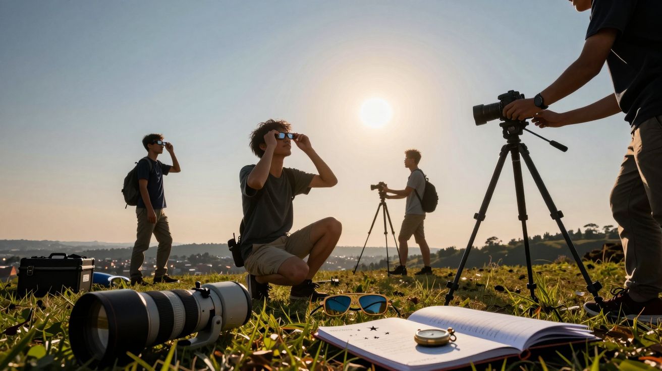 Pessoas observando o céu num prado ao pôr-do-sol, com câmaras e binóculos. Caderno e equipamentos no chão.