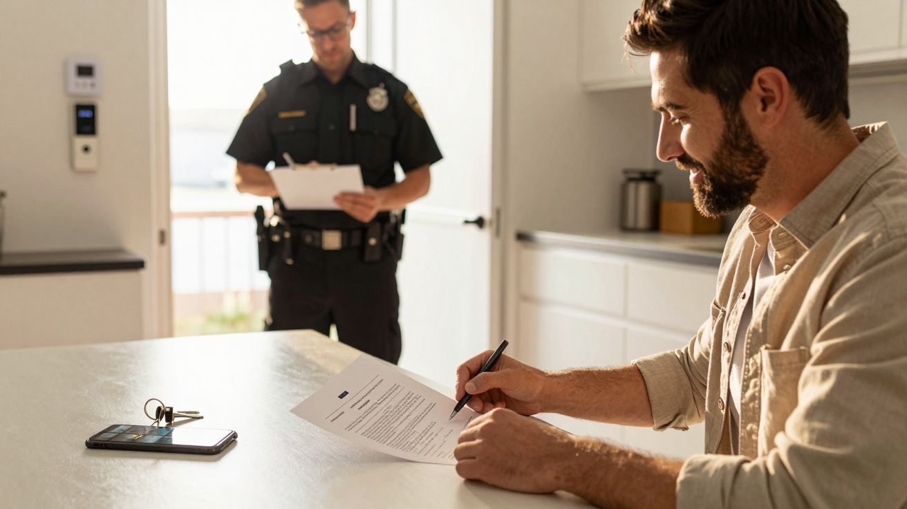 Homem assina documento numa mesa enquanto um polícia aguarda em pé ao fundo.