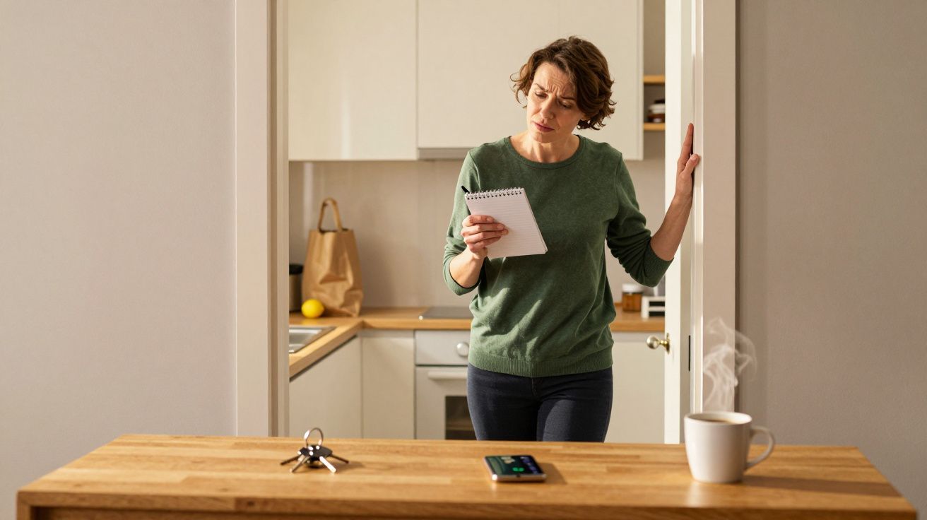 Mulher de pé na cozinha, segurando um bloco de notas, com chávena de café e chaves na mesa.