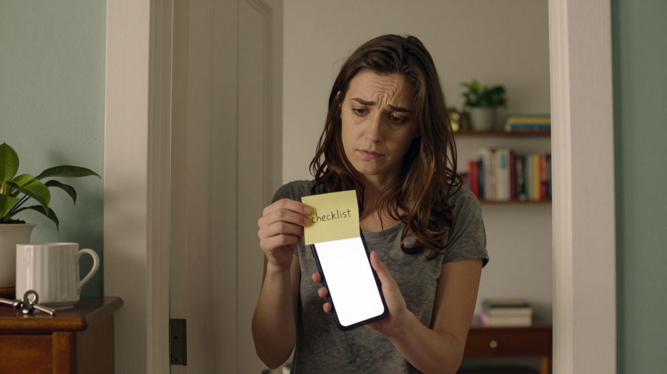 Mulher segura telemóvel e nota autocolante com "checklist" escrita, mostrando expressão preocupada.