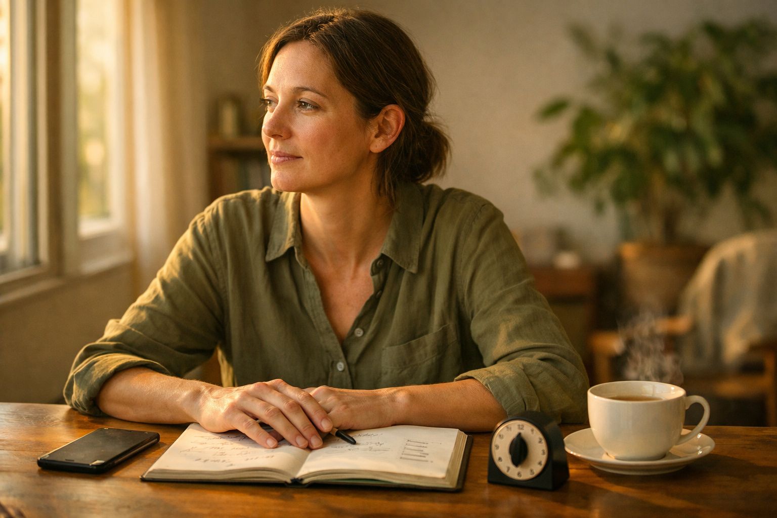 Mulher relaxando sentada no chão ao lado de um sofá, com um livro e um telemóvel por perto.