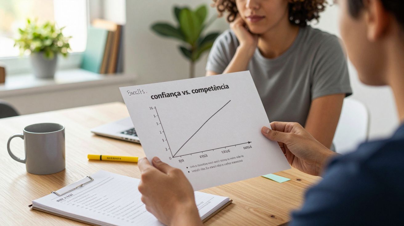 Duas pessoas analisam um gráfico sobre "confiança vs. competência" numa folha de papel durante uma reunião.