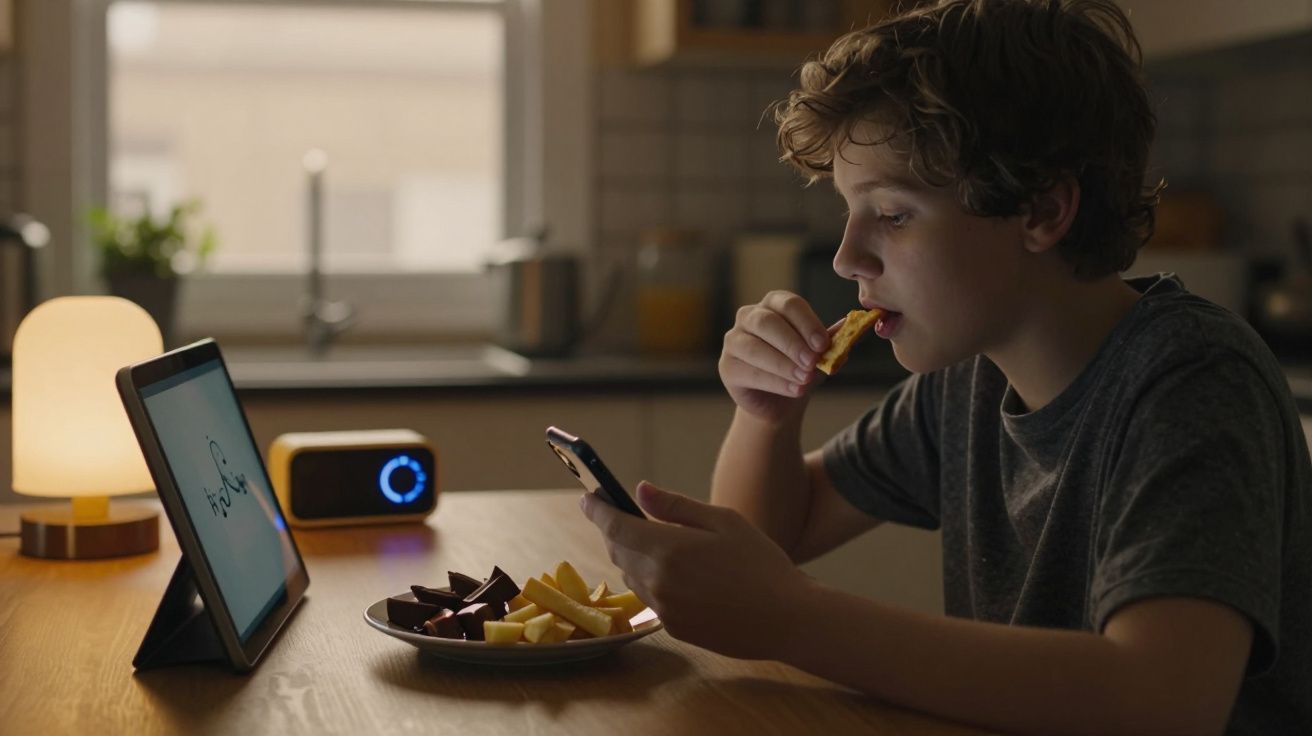 Rapaz a comer snacks e olhar para um telemóvel na cozinha, com tablet e lâmpada ao lado.
