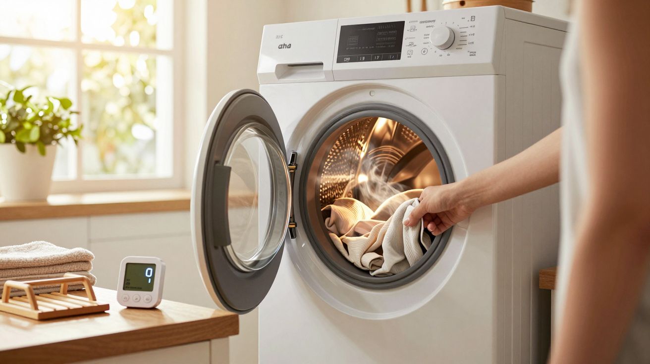 Pessoa a retirar roupa de máquina de lavar em cozinha iluminada, com plantas e temporizador na bancada.