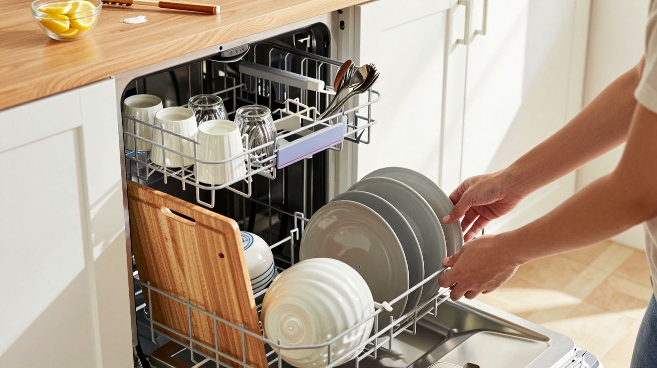 Pessoa a carregar uma máquina de lavar loiça com pratos, copos e talheres num ambiente de cozinha iluminada.