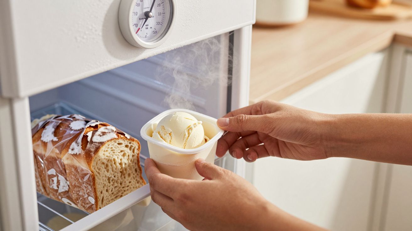 Pessoa a colocar tigela de gelado num congelador, ao lado de um pão congelado.