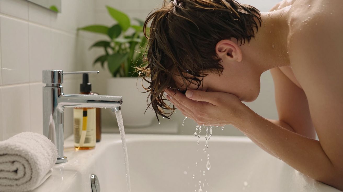 Pessoa lavando o rosto numa pia, com toalha e sabonete ao lado. Plantas visíveis ao fundo.