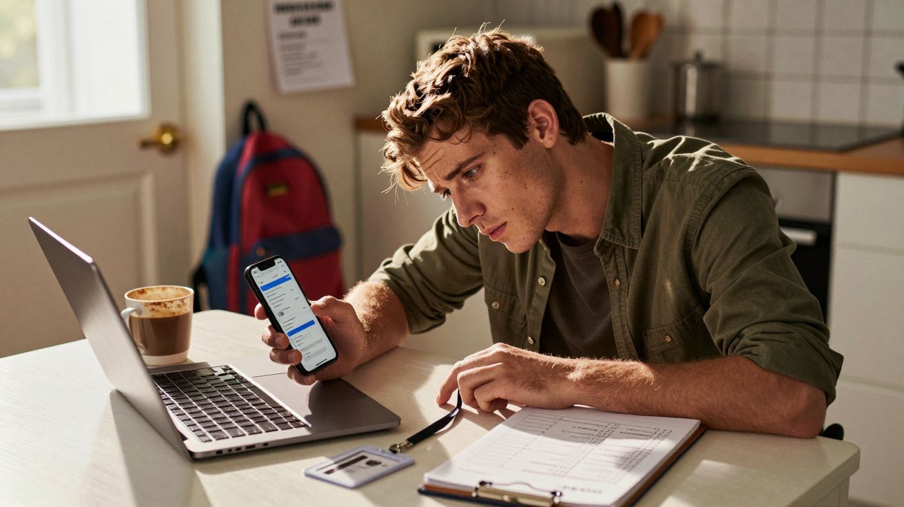 Homem jovem verifica o telemóvel enquanto estuda com portátil e caderno na mesa, numa cozinha iluminada.