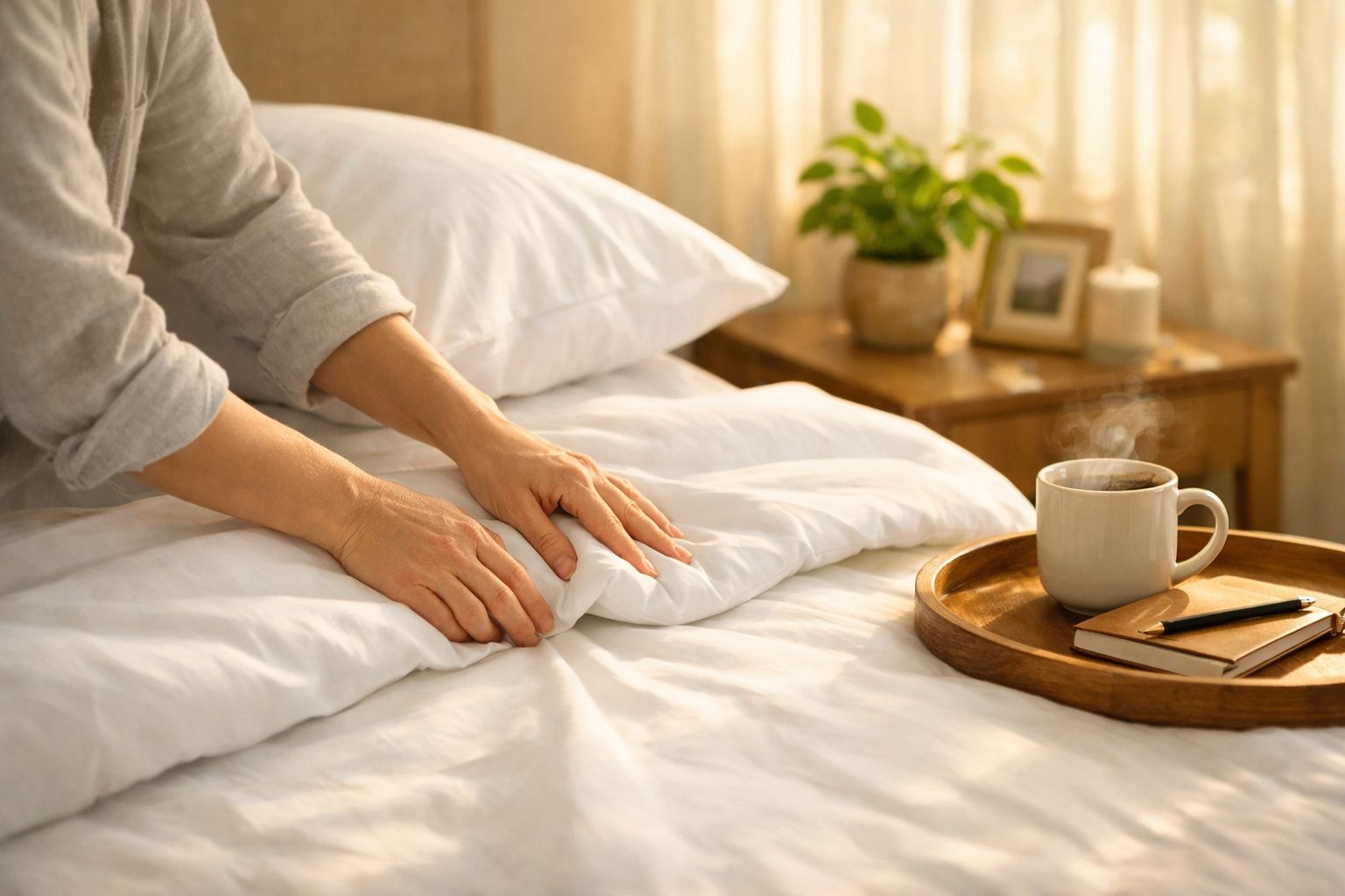 Mãos ajustando uma almofada branca numa cama, com mesa de cabeceira e janela ao fundo.